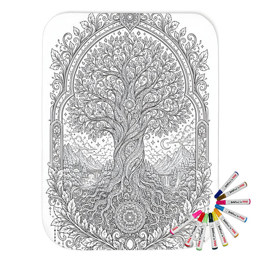 Enchanted Tree of Life Sherpa Blanket coloring kit mockup with polyester and graphic print