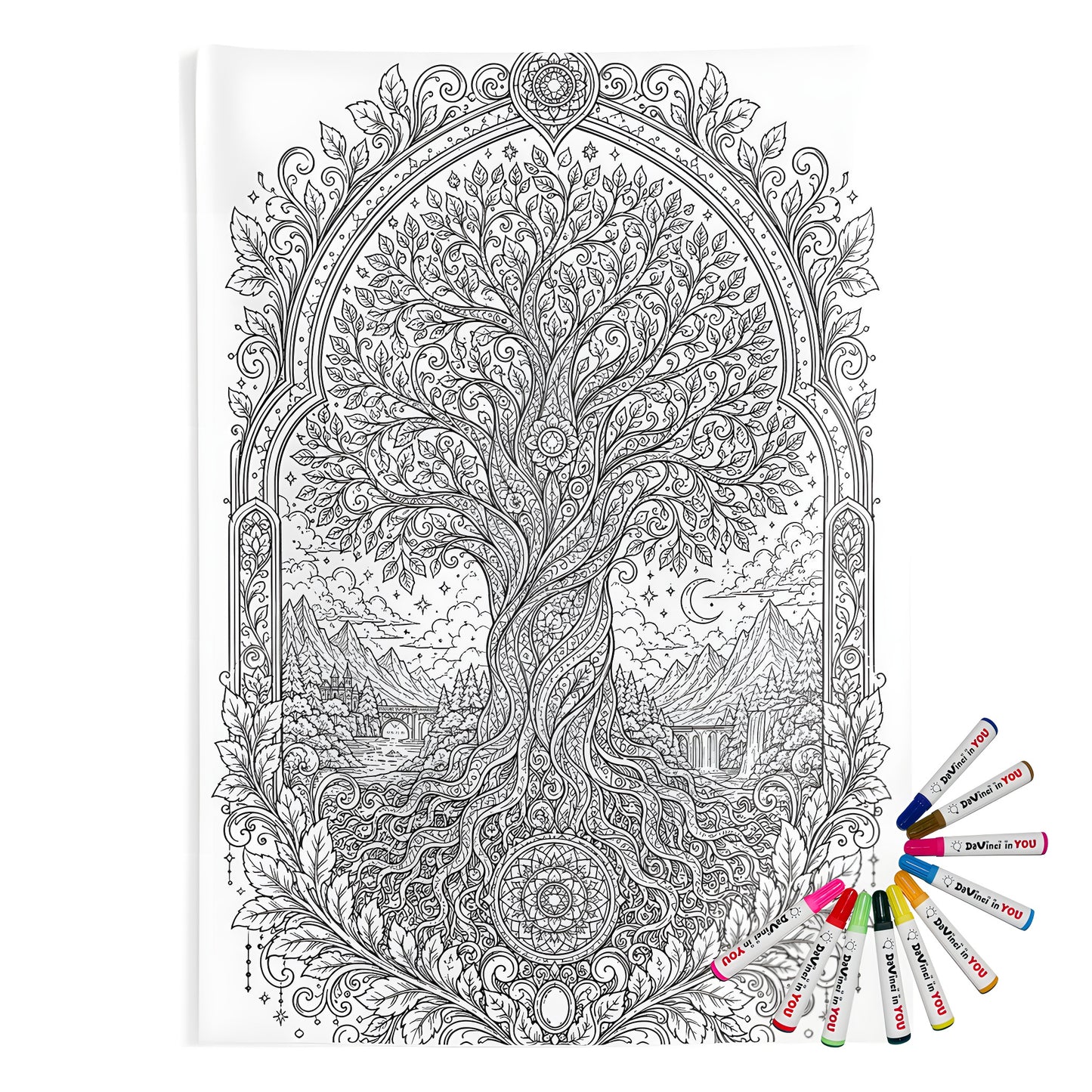 Enchanted Tree of Life Indoor Wall Tapestry coloring kit mockup with polyester and graphic print