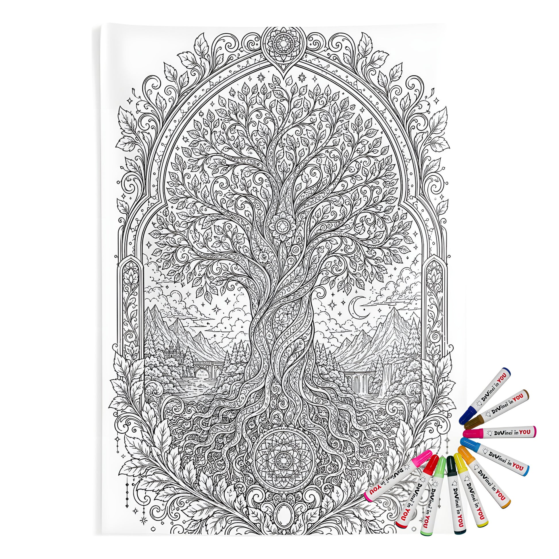Enchanted Tree of Life Indoor Wall Tapestry coloring kit mockup with polyester and graphic print