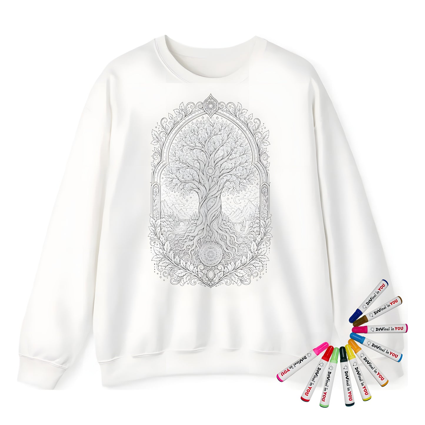 Enchanted Tree of Life Adult Crewneck Sweatshirt coloring kit mockup with white base, cotton/polyester blend, and graphic print