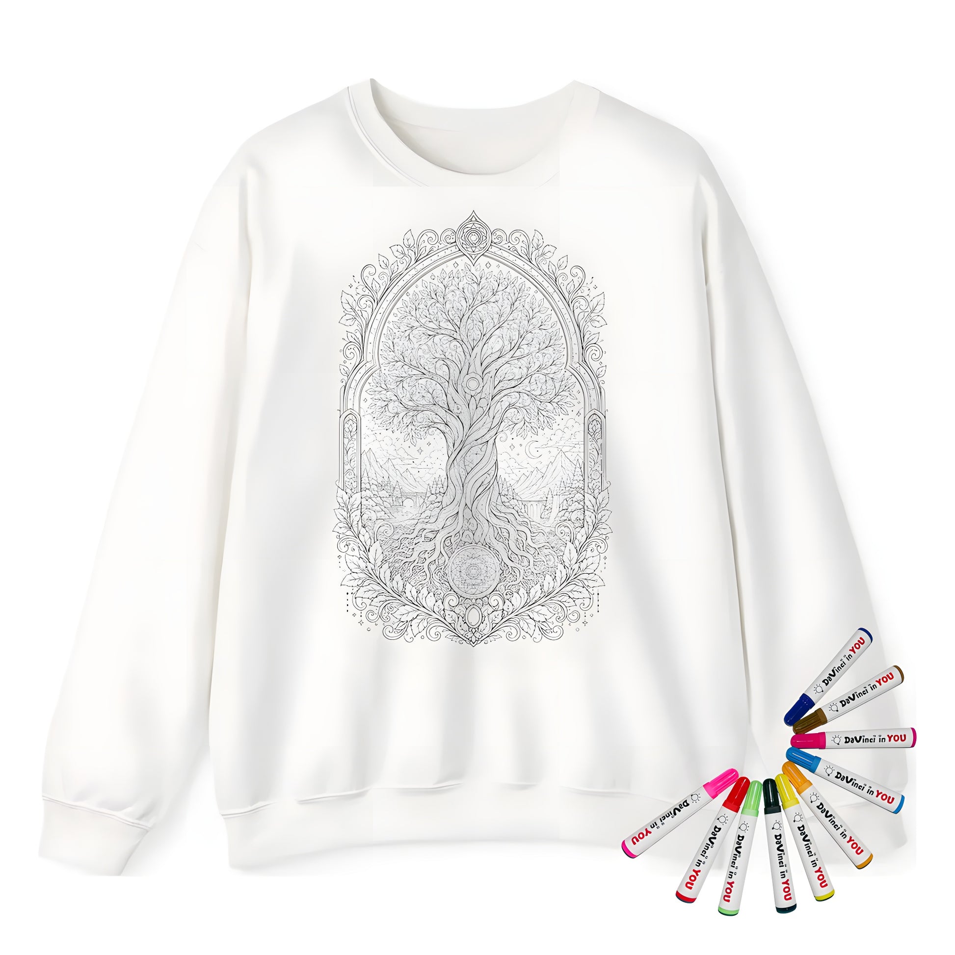 Enchanted Tree of Life Adult Crewneck Sweatshirt coloring kit mockup with white base, cotton/polyester blend, and graphic print