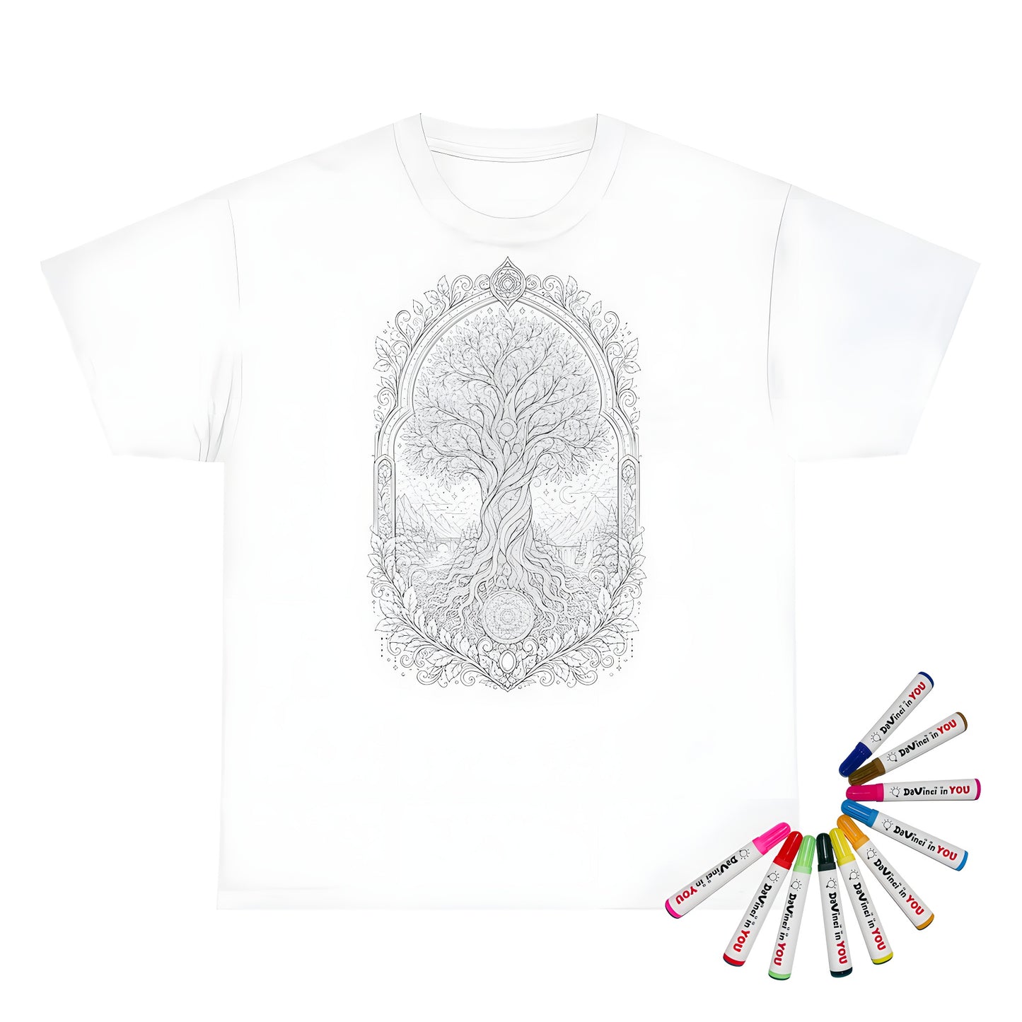 Enchanted Tree of Life Kids T-Shirt coloring kit mockup with white base, cotton, and graphic print