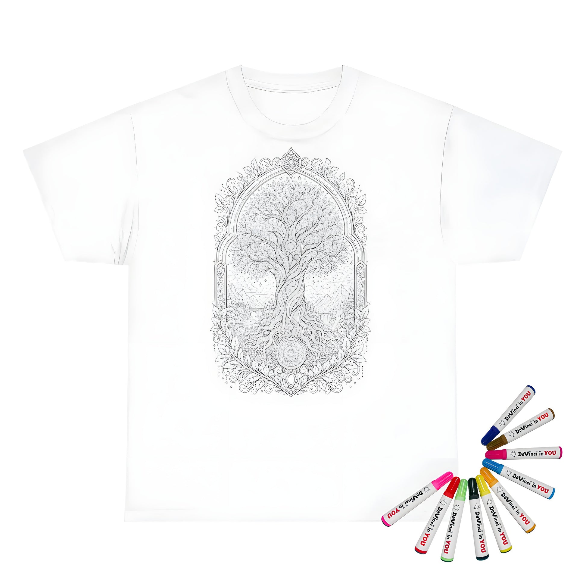 Enchanted Tree of Life Kids T-Shirt coloring kit mockup with white base, cotton, and graphic print