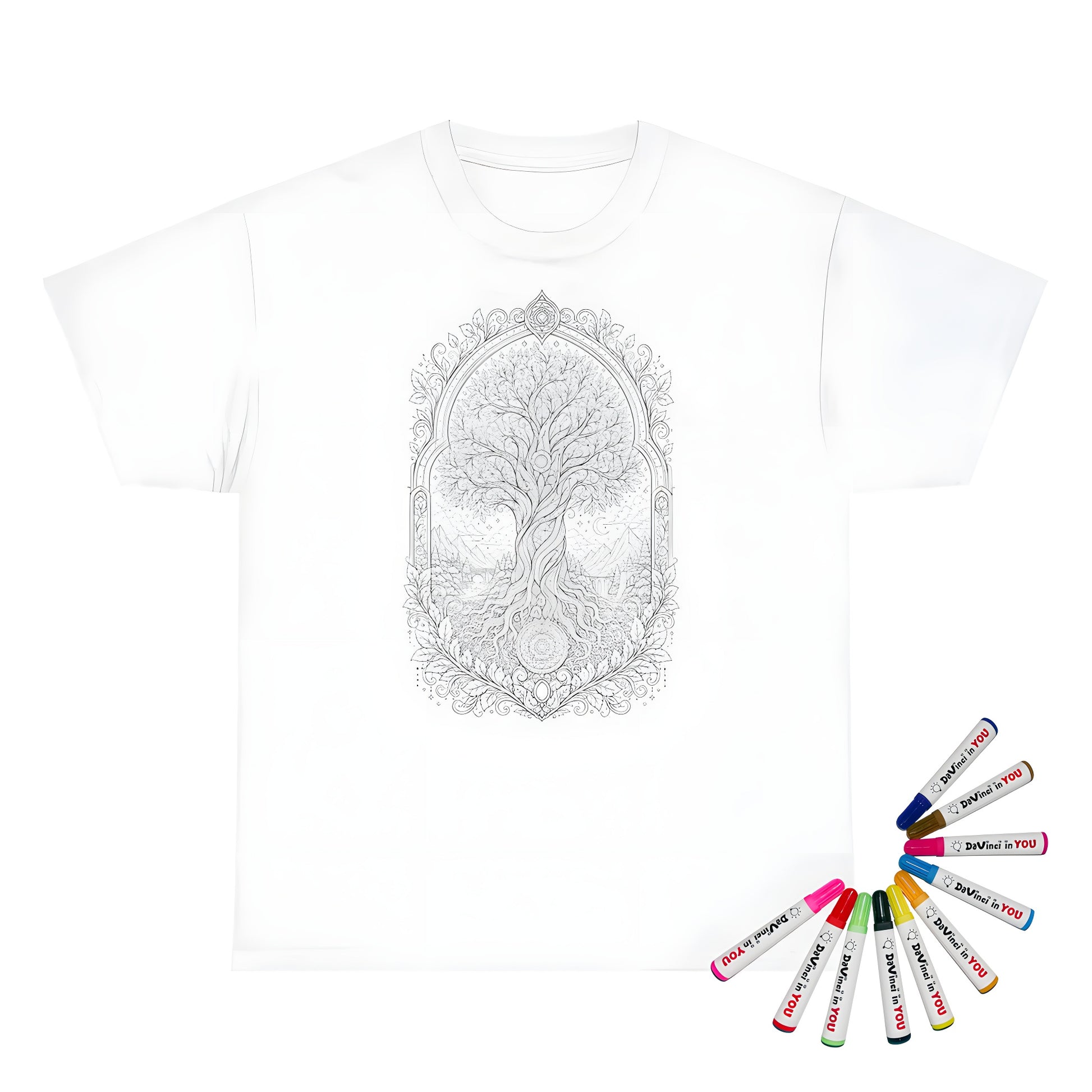 Enchanted Tree of Life Unisex T-Shirt coloring kit mockup with white base, cotton, and graphic print