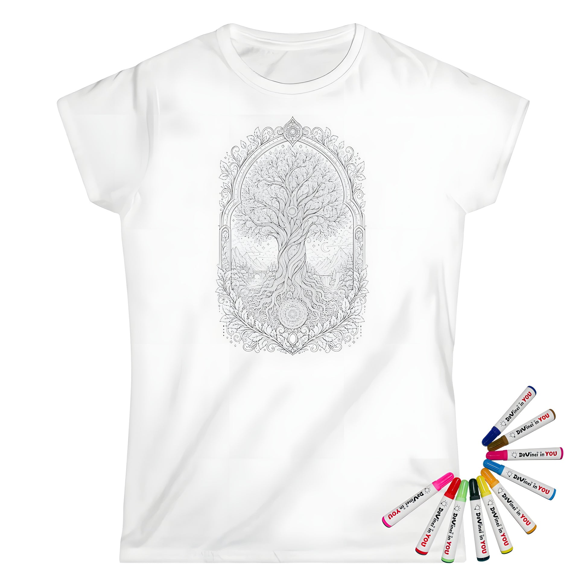 Enchanted Tree of Life Womens T-Shirt coloring kit mockup with white base, cotton, and graphic print