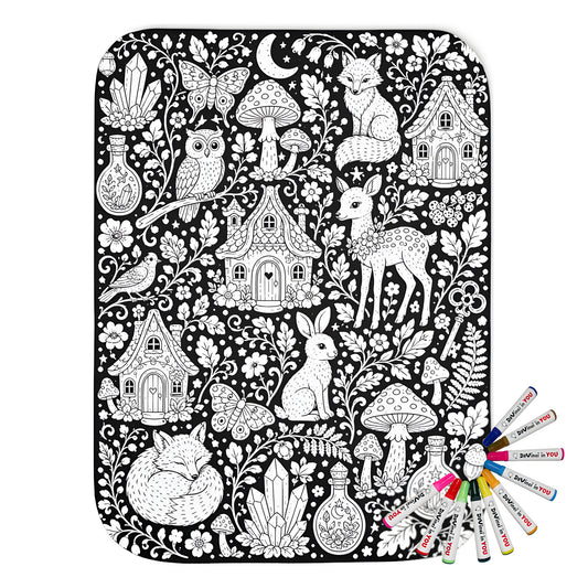 Enchanted Woodland Sherpa Blanket coloring kit mockup with polyester and graphic print