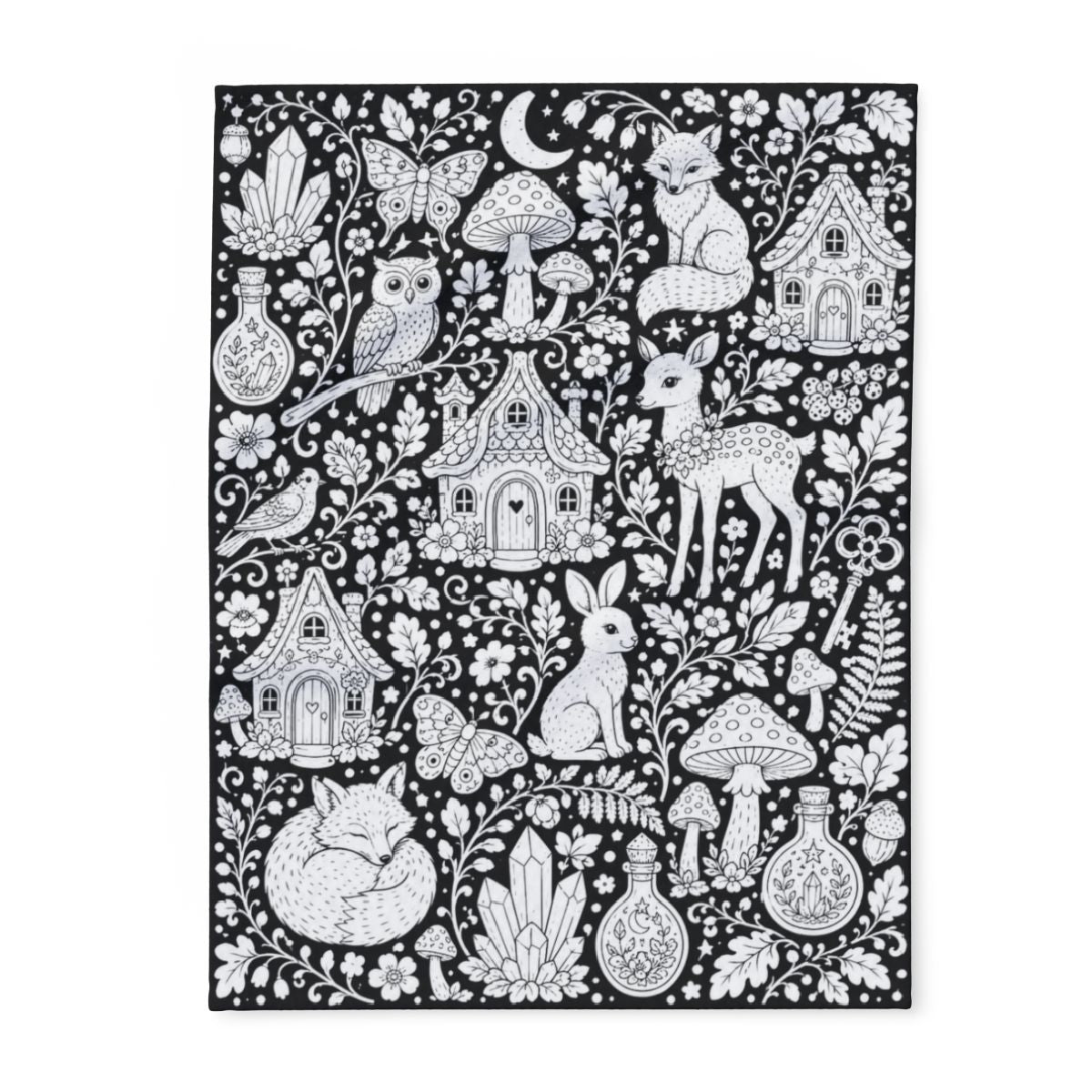 Enchanted Woodland Fleece Blanket coloring kit mockup with polyester fleece and graphic print