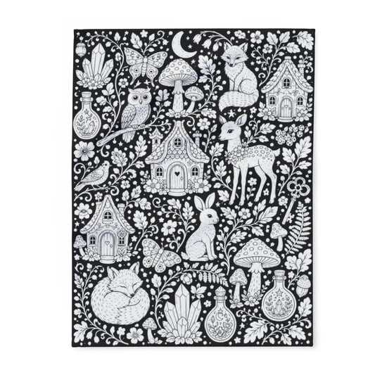 Enchanted Woodland Fleece Blanket coloring kit mockup with polyester fleece and graphic print