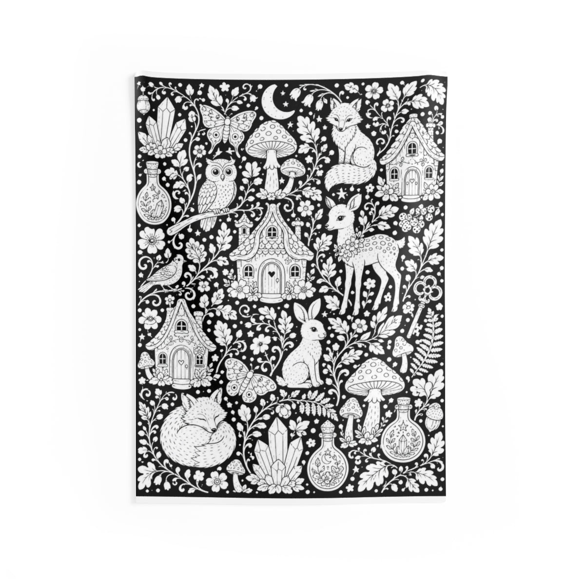 Enchanted Woodland Indoor Wall Tapestry coloring kit mockup with polyester and graphic print