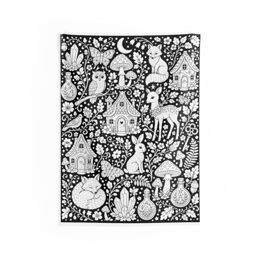 Enchanted Woodland Indoor Wall Tapestry coloring kit mockup with polyester and graphic print