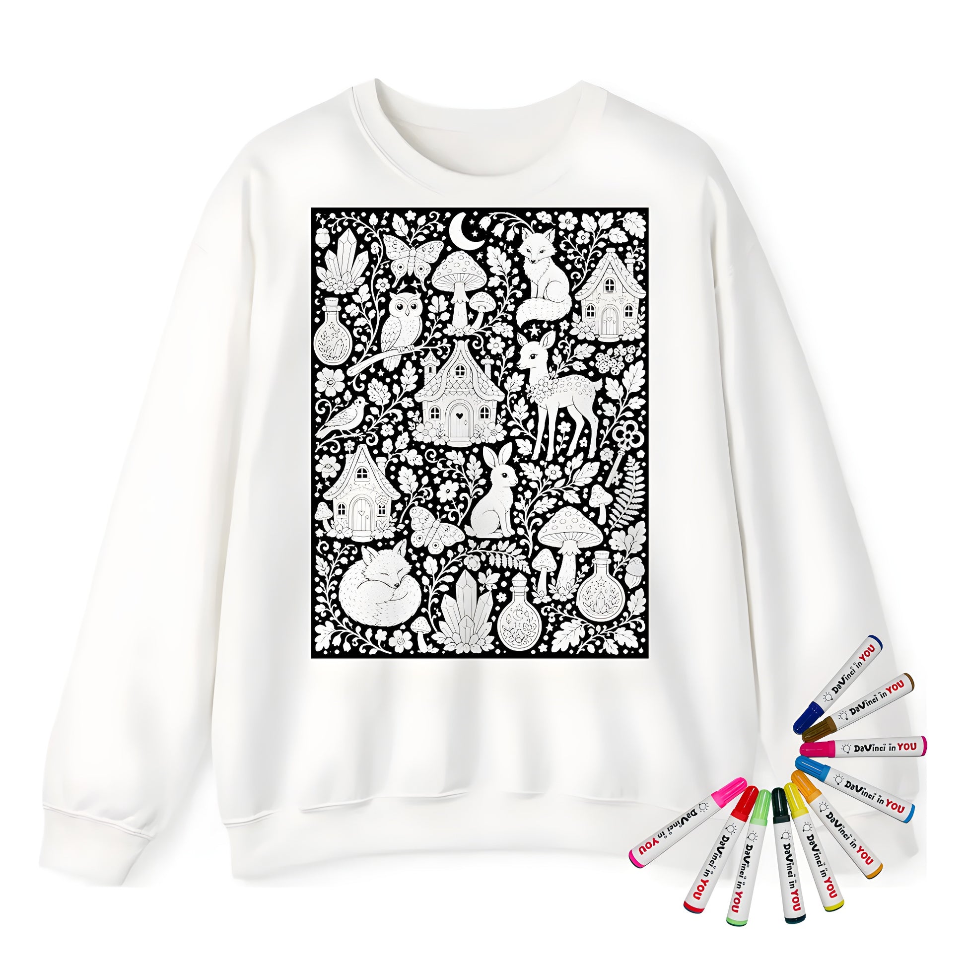 Enchanted Woodland Adult Crewneck Sweatshirt coloring kit mockup with white base, cotton/polyester blend, and graphic print