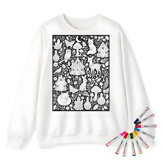 Enchanted Woodland Adult Crewneck Sweatshirt coloring kit mockup with white base, cotton/polyester blend, and graphic print