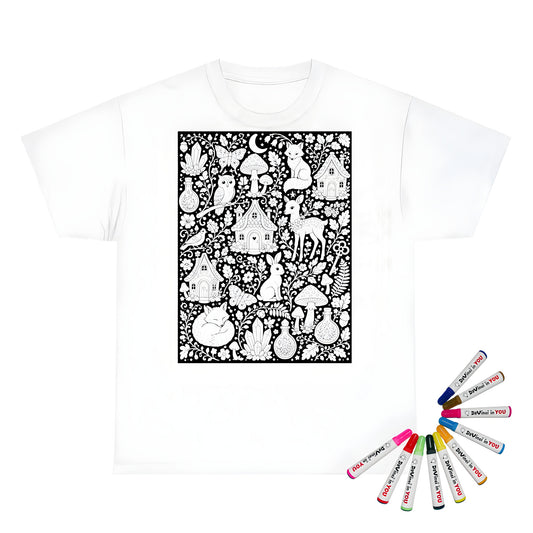 Enchanted Woodland Kids T-Shirt coloring kit mockup with white base, cotton, and graphic print