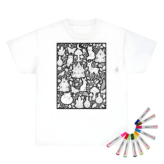 Enchanted Woodland Unisex T-Shirt coloring kit mockup with white base, cotton, and graphic print