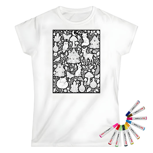Enchanted Woodland Womens T-Shirt coloring kit mockup with white base, cotton, and graphic print