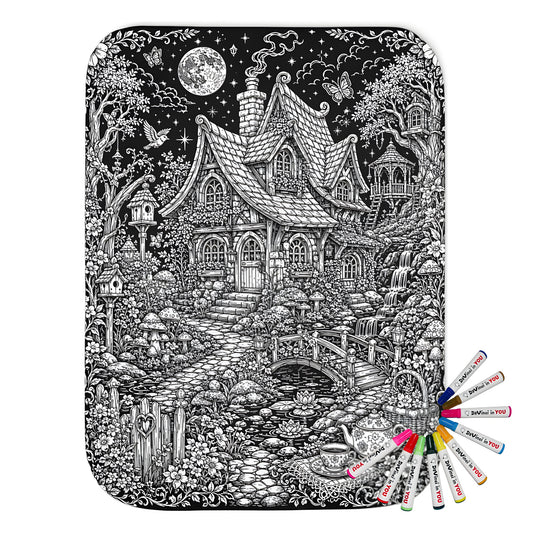 Fairy Cottage Waterfall Sherpa Blanket coloring kit mockup with polyester and graphic print