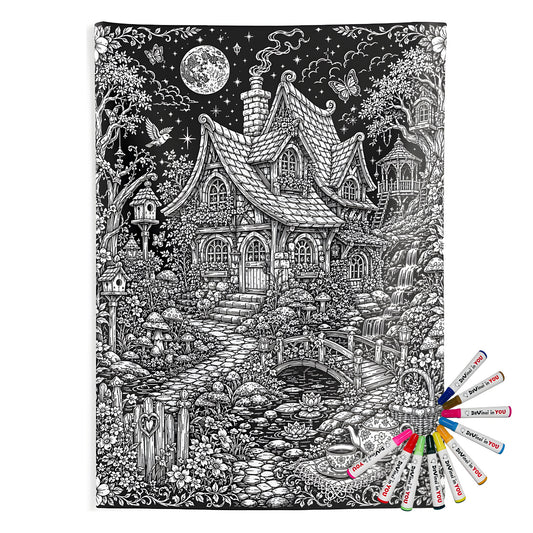 Fairy Cottage Waterfall Indoor Wall Tapestry coloring kit mockup with polyester and graphic print