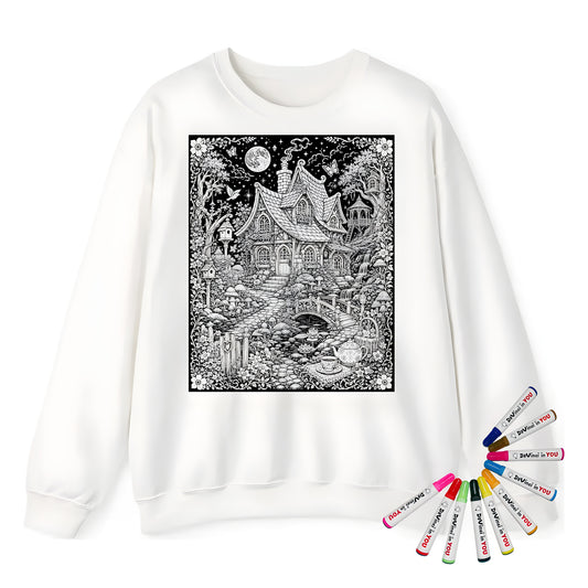 Fairy Cottage Waterfall Adult Crewneck Sweatshirt coloring kit mockup with white base, cotton/polyester blend, and graphic print