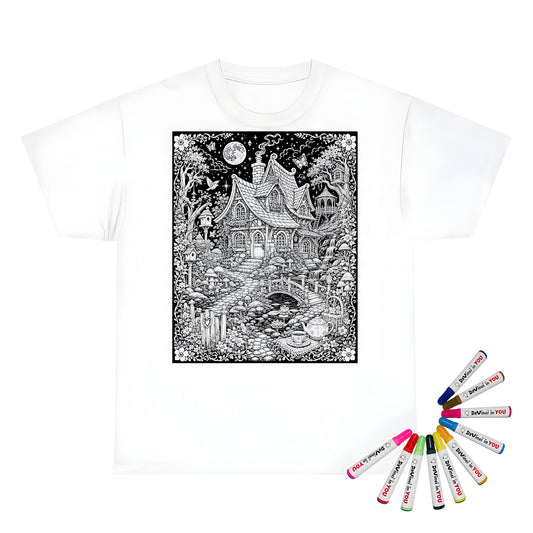Fairy Cottage Waterfall Kids T-Shirt coloring kit mockup with white base, cotton, and graphic print