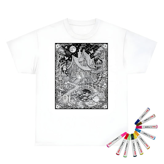 Fairy Cottage Waterfall Unisex T-Shirt coloring kit mockup with white base, cotton, and graphic print