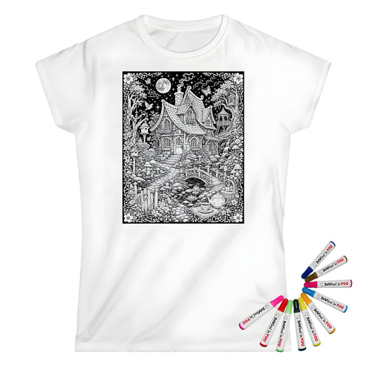 Fairy Cottage Waterfall Womens T-Shirt coloring kit mockup with white base, cotton, and graphic print