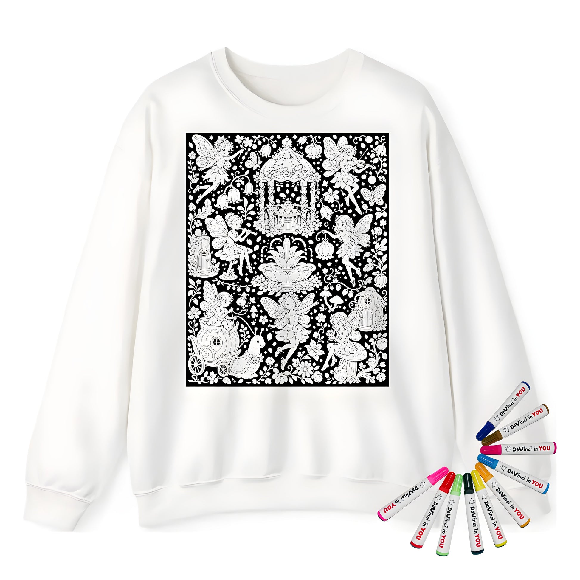 Fairy Garden Festival Adult Crewneck Sweatshirt coloring kit mockup with white base, cotton/polyester blend, and graphic print