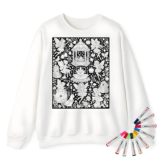 Fairy Garden Festival Adult Crewneck Sweatshirt coloring kit mockup with white base, cotton/polyester blend, and graphic print