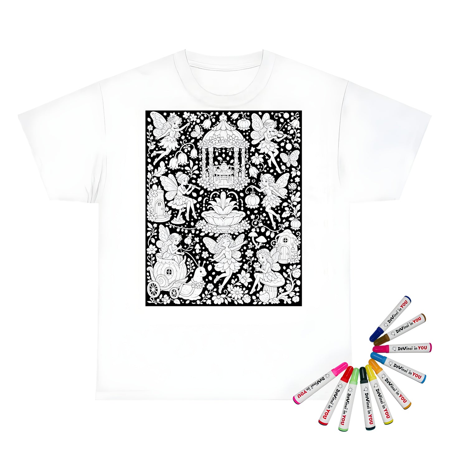 Fairy Garden Festival Kids T-Shirt coloring kit mockup with white base, cotton, and graphic print