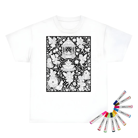 Fairy Garden Festival Unisex T-Shirt coloring kit mockup with white base, cotton, and graphic print