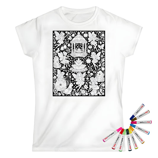 Fairy Garden Festival Womens T-Shirt coloring kit mockup with white base, cotton, and graphic print