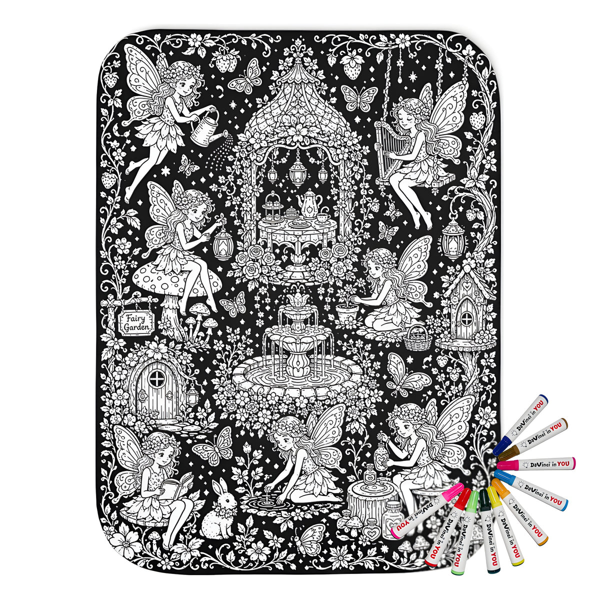 Fairy Garden Tea Party Sherpa Blanket coloring kit mockup with polyester and graphic print