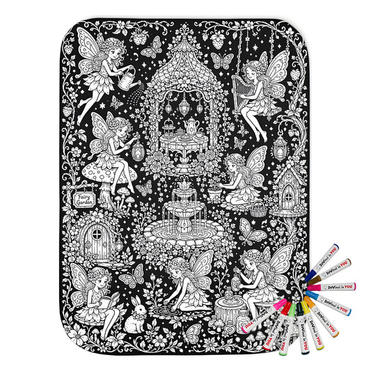 Fairy Garden Tea Party Sherpa Blanket coloring kit mockup with polyester and graphic print