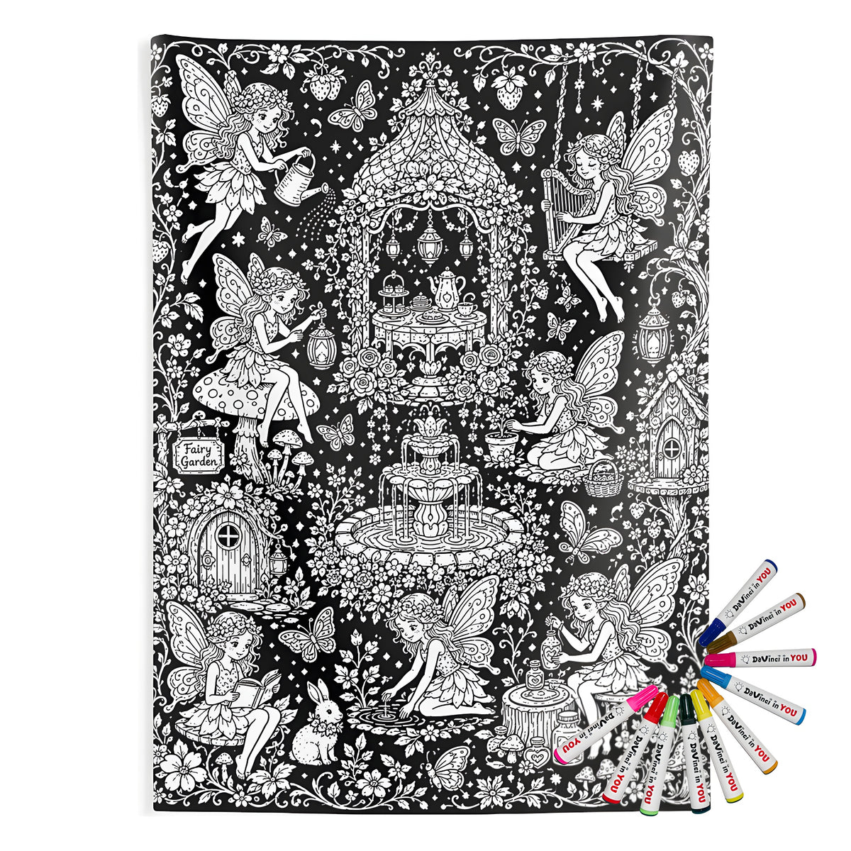 Fairy Garden Tea Party Indoor Wall Tapestry coloring kit mockup with polyester and graphic print