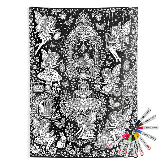 Fairy Garden Tea Party Indoor Wall Tapestry coloring kit mockup with polyester and graphic print