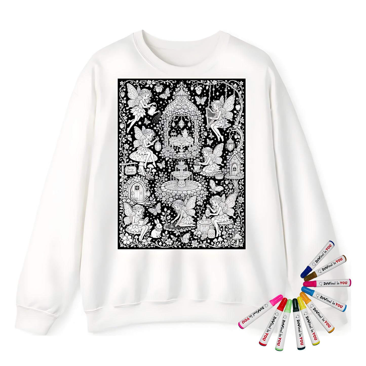Fairy Garden Tea Party Adult Crewneck Sweatshirt coloring kit mockup with white base, cotton/polyester blend, and graphic print
