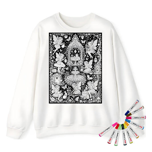 Fairy Garden Tea Party Adult Crewneck Sweatshirt coloring kit mockup with white base, cotton/polyester blend, and graphic print