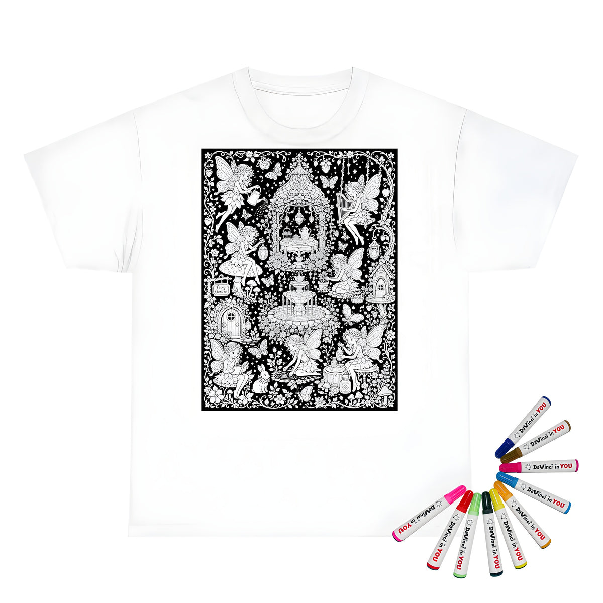 Fairy Garden Tea Party Kids T-Shirt coloring kit mockup with white base, cotton, and graphic print