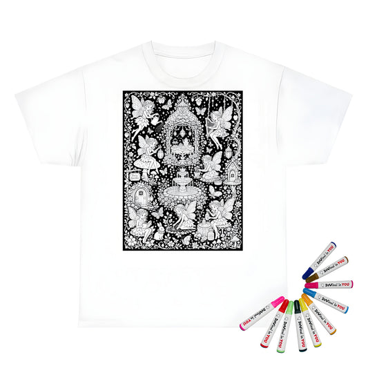 Fairy Garden Tea Party Kids T-Shirt coloring kit mockup with white base, cotton, and graphic print