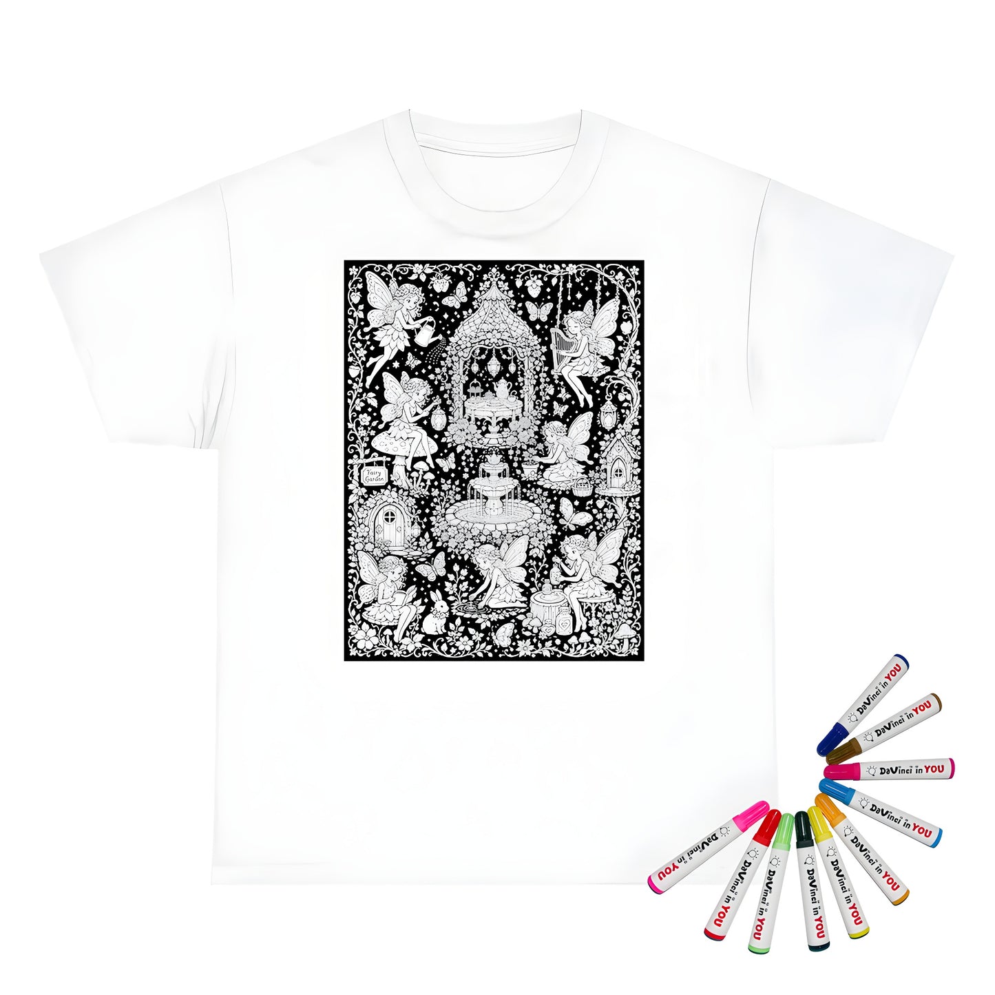 Fairy Garden Tea Party Unisex T-Shirt coloring kit mockup with white base, cotton, and graphic print