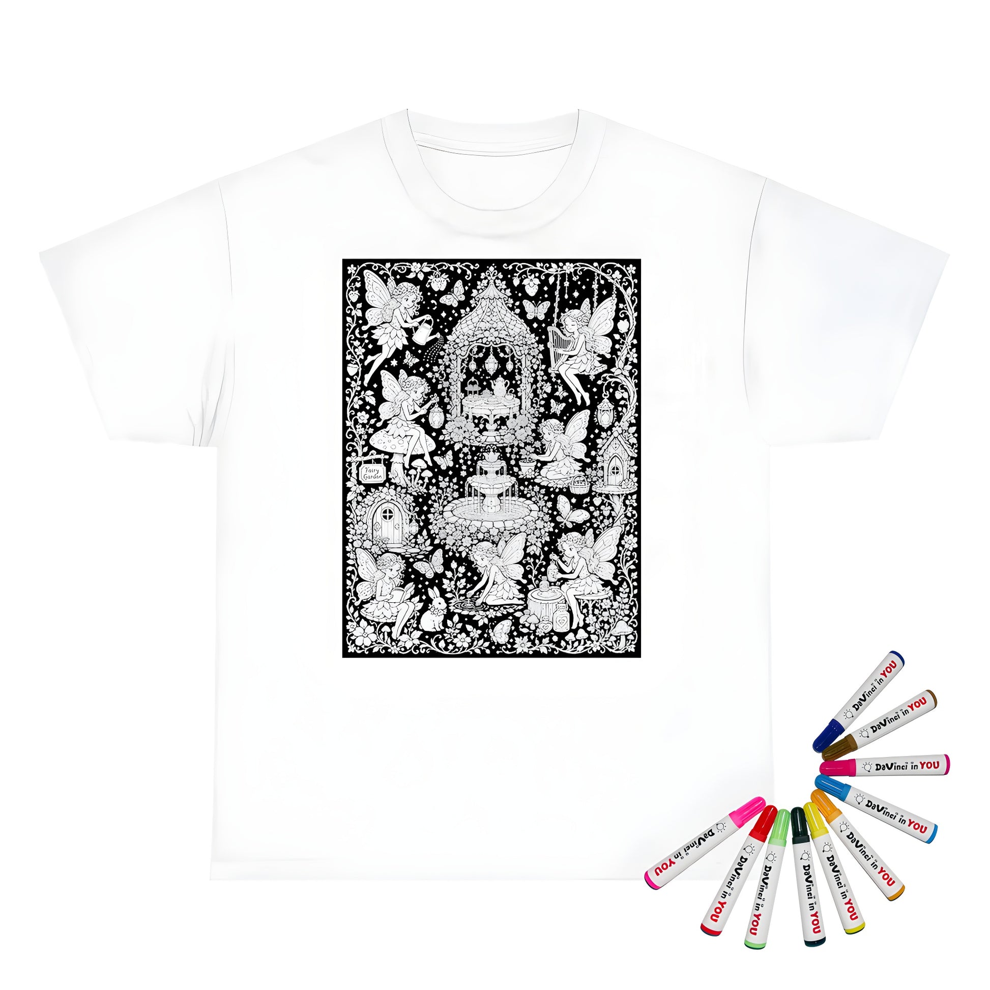 Fairy Garden Tea Party Unisex T-Shirt coloring kit mockup with white base, cotton, and graphic print