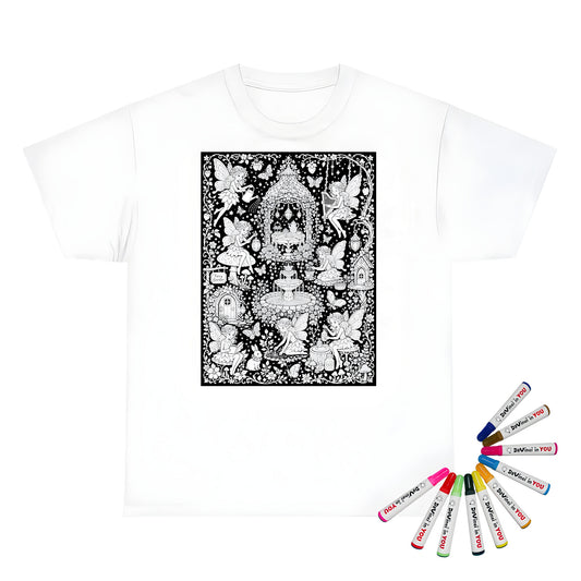 Fairy Garden Tea Party Unisex T-Shirt coloring kit mockup with white base, cotton, and graphic print