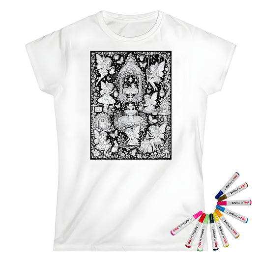 Fairy Garden Tea Party Womens T-Shirt coloring kit mockup with white base, cotton, and graphic print