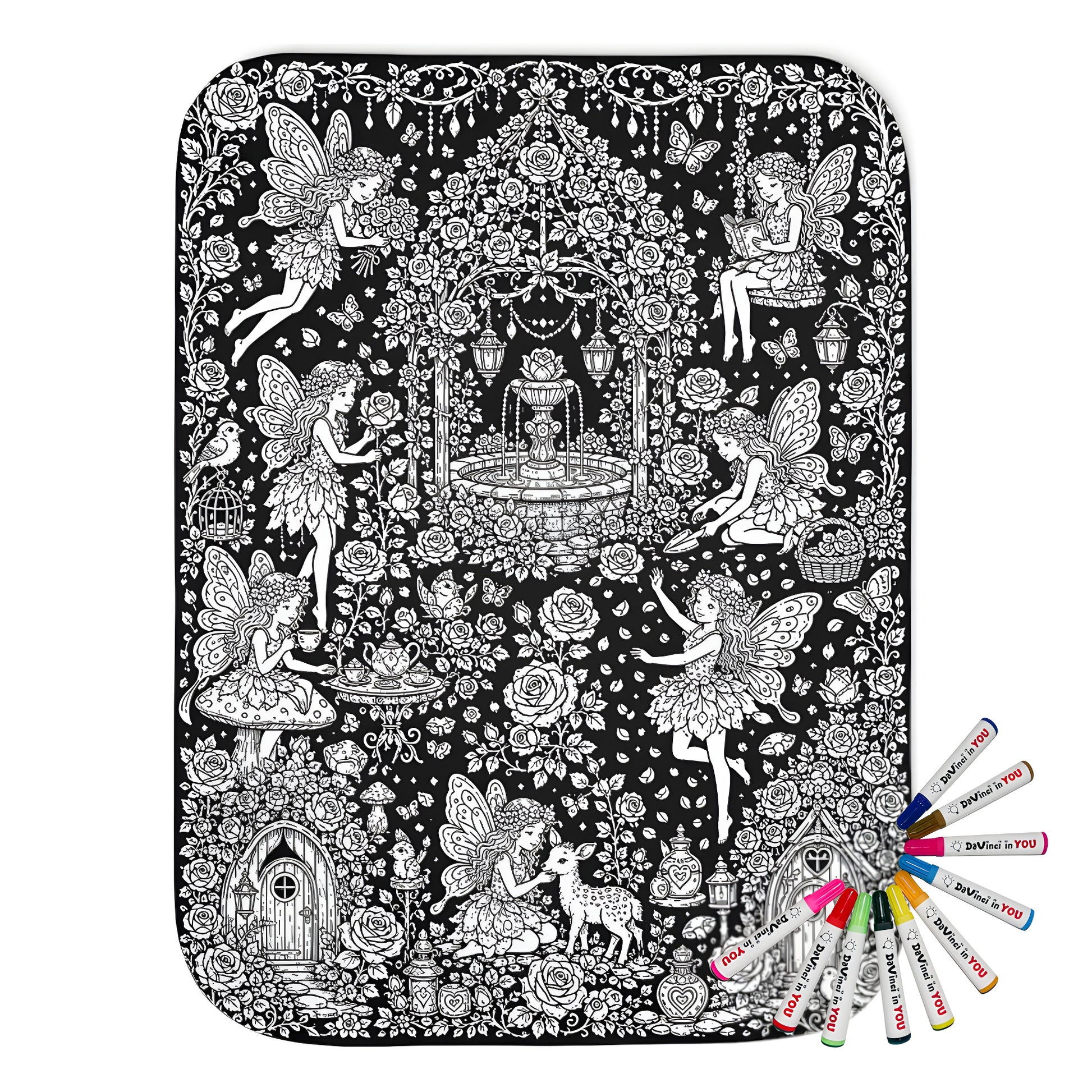 Fairy Rose Garden Sherpa Blanket coloring kit mockup with polyester and graphic print