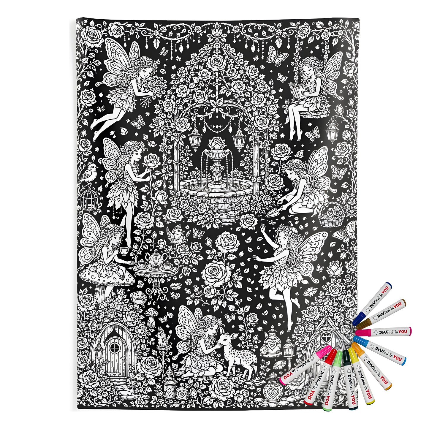 Fairy Rose Garden Indoor Wall Tapestry coloring kit mockup with polyester and graphic print