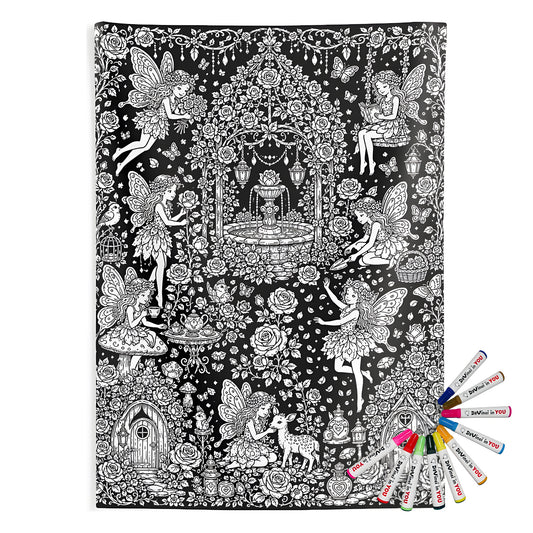 Fairy Rose Garden Indoor Wall Tapestry coloring kit mockup with polyester and graphic print