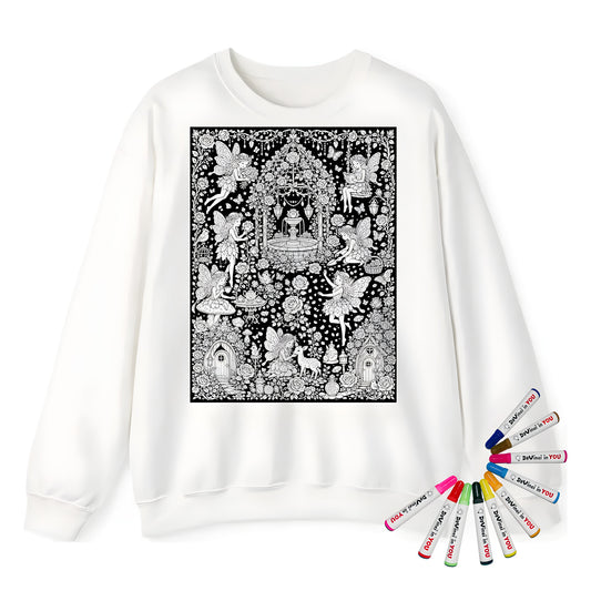 Fairy Rose Garden Adult Crewneck Sweatshirt coloring kit mockup with white base, cotton/polyester blend, and graphic print