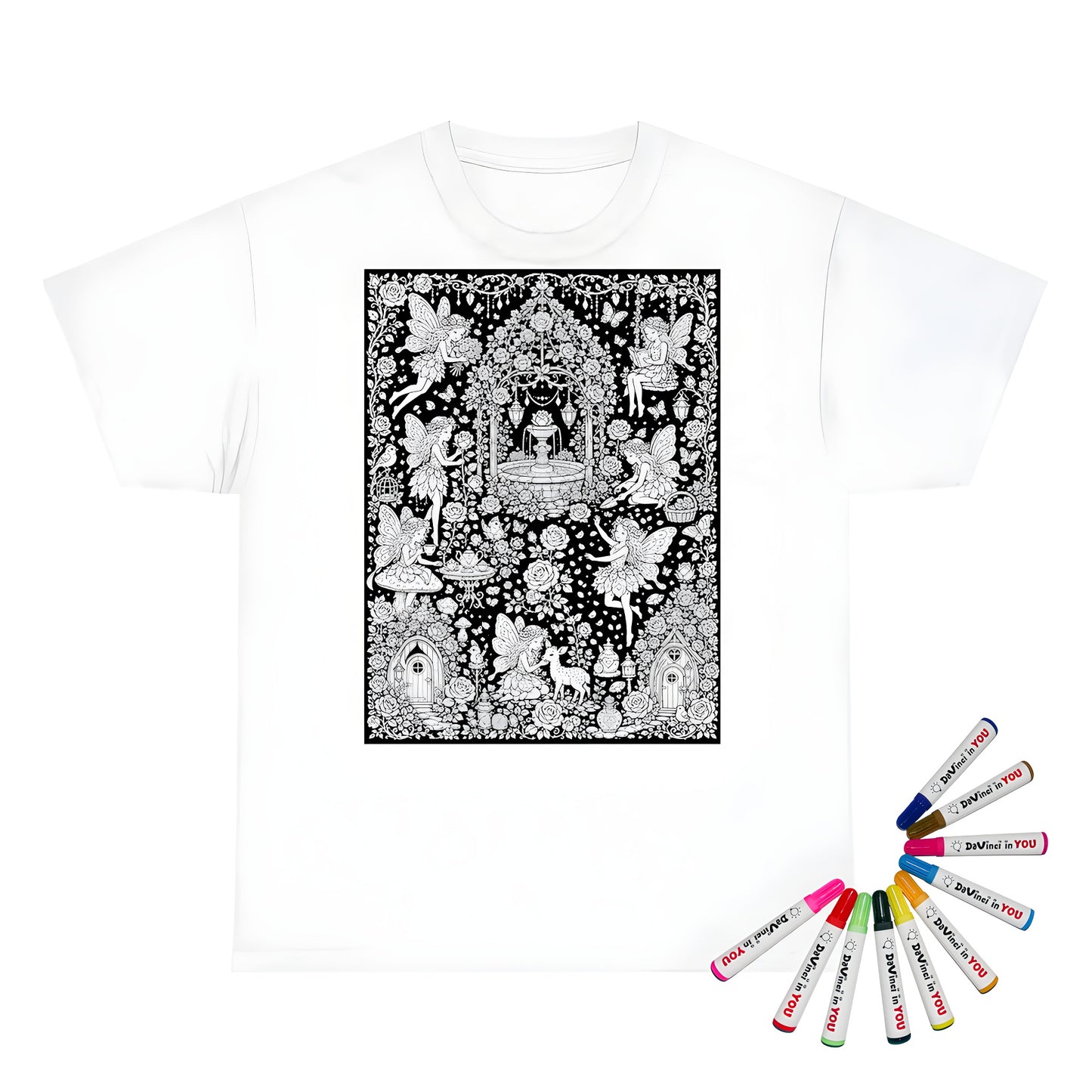 Fairy Rose Garden Kids T-Shirt coloring kit mockup with white base, cotton, and graphic print
