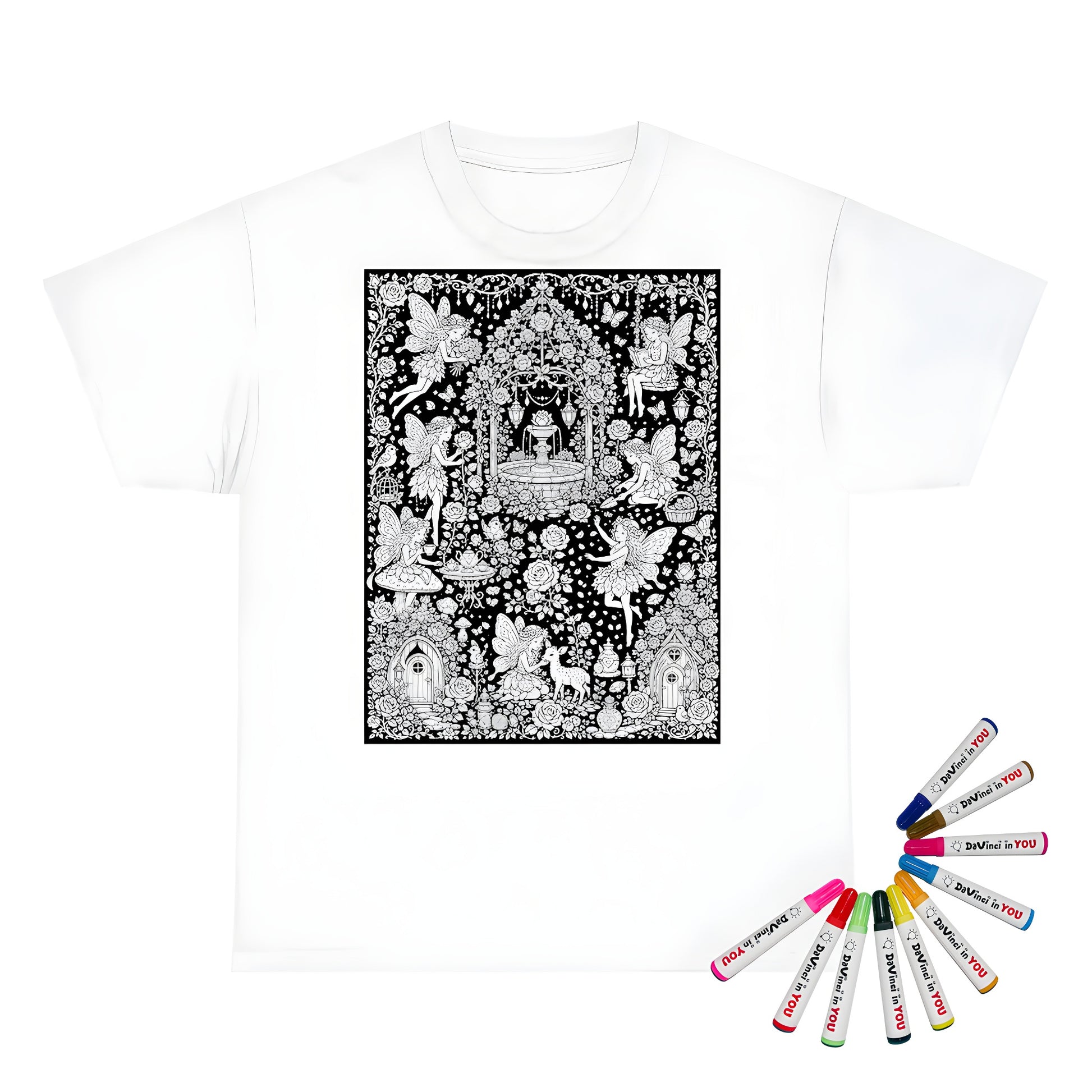 Fairy Rose Garden Kids T-Shirt coloring kit mockup with white base, cotton, and graphic print