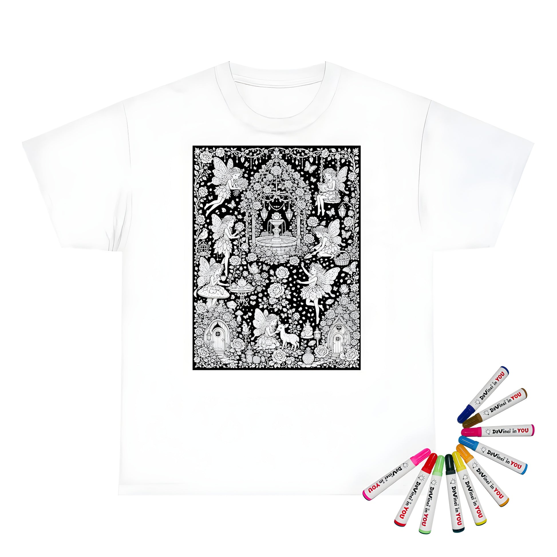 Fairy Rose Garden Unisex T-Shirt coloring kit mockup with white base, cotton, and graphic print