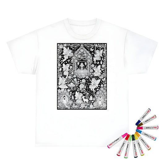 Fairy Rose Garden Unisex T-Shirt coloring kit mockup with white base, cotton, and graphic print